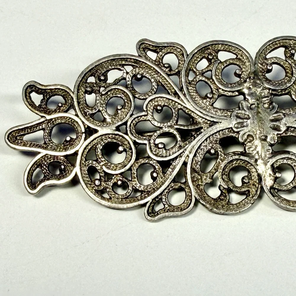 Antique Art Nouveau Filigree Brooch Silver Tone Ornate Open Scroll C Clasp 3